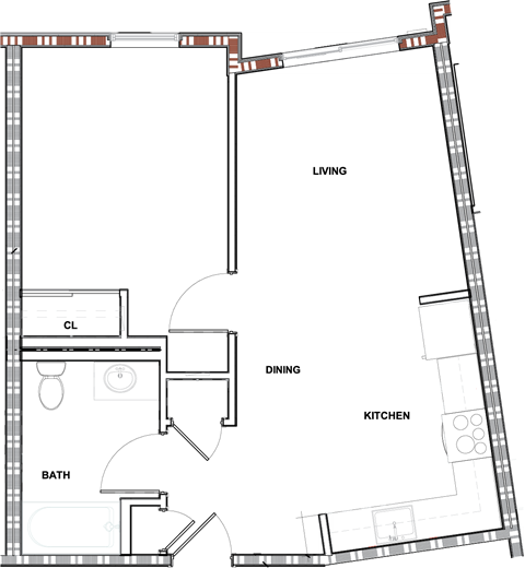 Floor plan for 1 bed, 1 bath, 626 sqft